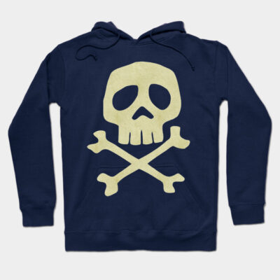 Navy blue hoodie with skull and crossbones design, casual style, soft material, perfect for everyday wear.