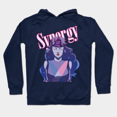 Navy blue hoodie with graphic print of woman and "Synergy" text, perfect for casual wear, made of soft cotton blend.