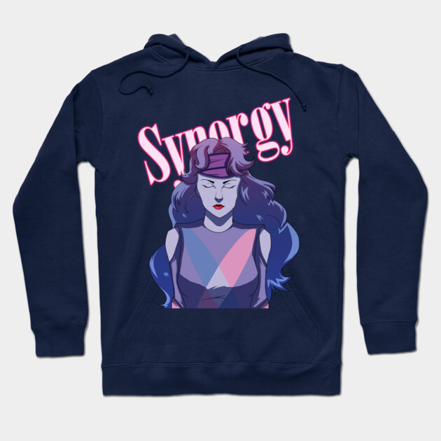 Navy blue hoodie with graphic print of woman and "Synergy" text, perfect for casual wear, made of soft cotton blend.