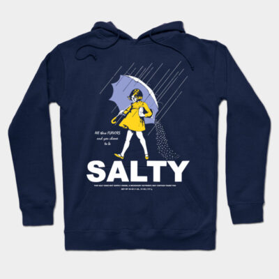 Navy blue hoodie with vintage umbrella graphic and "Salty" text, casual style, cotton blend, unisex design.