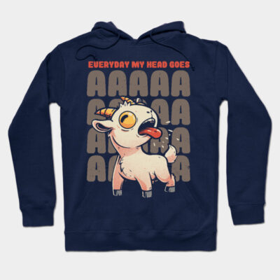 Navy blue hoodie with a quirky goat design and humorous text, perfect for casual wear, made from soft cotton blend.