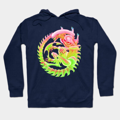 Navy blue hoodie with vibrant neon alien graphic, unisex casual wear, comfortable cotton blend fabric.