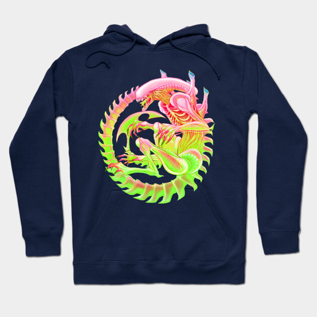Navy blue hoodie with vibrant neon alien graphic, unisex casual wear, comfortable cotton blend fabric.