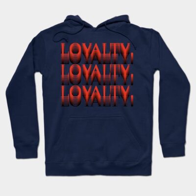 Navy blue hoodie with bold red "Loyalty" print, casual style, perfect for everyday wear, made from soft cotton blend.