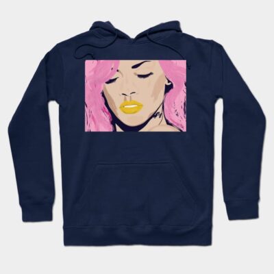 Navy blue hoodie with vibrant pink hair and yellow lips graphic, casual streetwear style, cotton blend material.