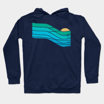 Navy blue hoodie with abstract turquoise wave and sun graphic, casual style, soft cotton material, unisex design.