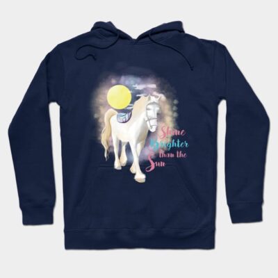 Navy hoodie with horse and sun graphic, "Shine Brighter than the Sun" text, casual wear, soft cotton blend.