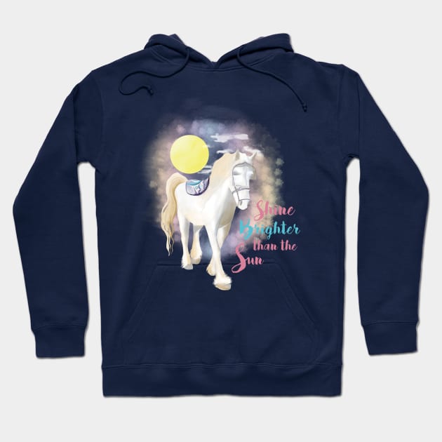 Navy hoodie with horse and sun graphic, "Shine Brighter than the Sun" text, casual wear, soft cotton blend.
