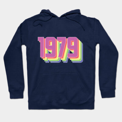 Navy blue hoodie with "1979" in bold, colorful retro font. Casual style, perfect for everyday wear. Cotton blend material.