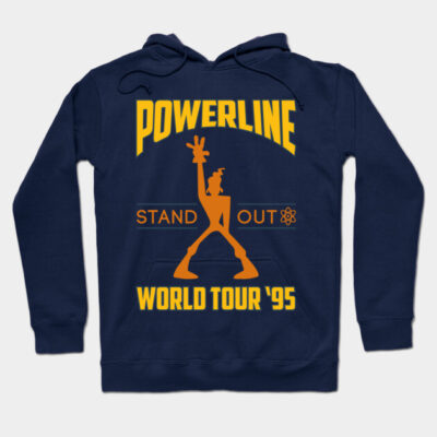 Navy blue hoodie with "Powerline World Tour '95" graphic, featuring bold yellow and orange design, cotton blend material.