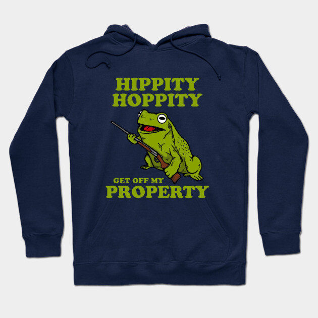 Navy blue hoodie with a humorous frog graphic and bold text, perfect for casual wear and outdoor activities.
