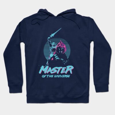 Navy blue "Master of the Universe" graphic hoodie, retro style, cotton blend, casual wear for fans.