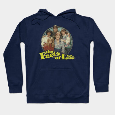 Navy blue hoodie with retro graphic design, front pocket, and adjustable drawstring for casual wear.