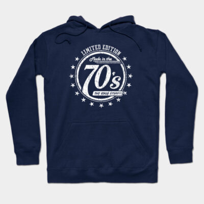 Navy blue hoodie with "Limited Edition Made in the 70's" design, vintage style, cozy cotton material, casual wear.