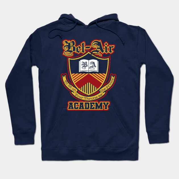 Navy blue hoodie with "Bel-Air Academy" crest, casual style, warm material, ideal for everyday wear.