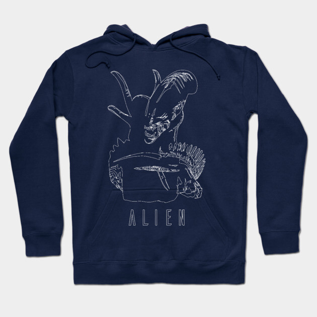 Navy blue hoodie with alien graphic design, featuring drawstring hood and front pocket, perfect for casual wear.