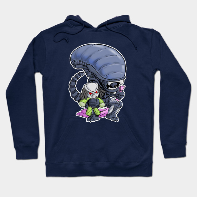 Navy blue hoodie with cartoon alien graphic, casual style, soft cotton material, perfect for everyday wear.