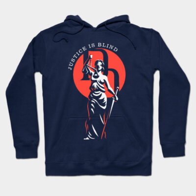 Navy blue hoodie with "Justice is Blind" graphic, featuring a stylized statue design. Comfortable cotton blend material.