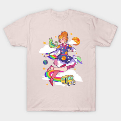 Pink t-shirt with colorful whimsical space-themed illustration, featuring planets, stars, and a character in a dress.