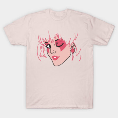 Pink graphic T-shirt with abstract face design, short-sleeve, casual style, comfortable cotton material.
