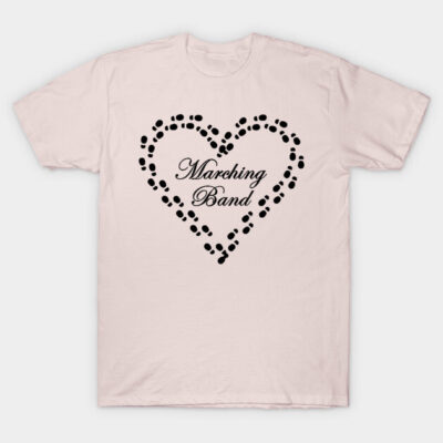 Pale pink t-shirt with "Marching Band" heart design, casual style, ideal for music enthusiasts, cotton material.