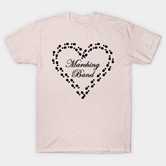 Pale pink t-shirt with "Marching Band" heart design, casual style, ideal for music enthusiasts, cotton material.