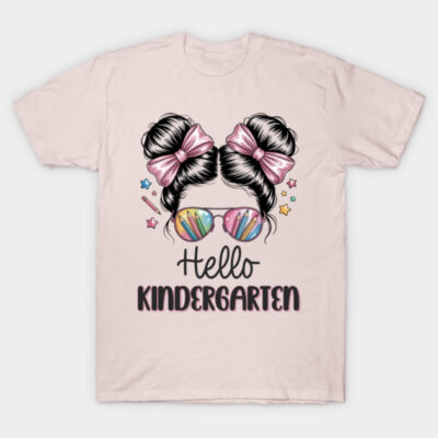 Pink "Hello Kindergarten" T-shirt with colorful design, perfect for back-to-school, made of soft cotton.