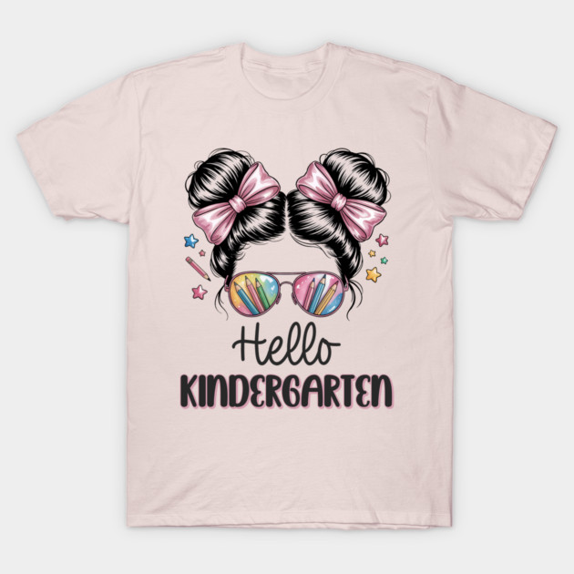 Pink "Hello Kindergarten" T-shirt with colorful design, perfect for back-to-school, made of soft cotton.