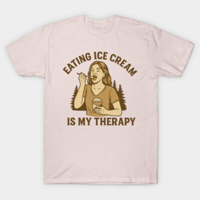 Cream T-shirt with "Eating Ice Cream Is My Therapy" print, casual style, ideal for everyday wear.