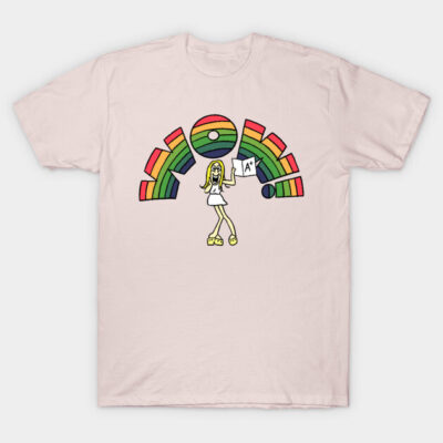 Pastel pink t-shirt featuring colorful retro graphic design, ideal for casual wear, made from soft cotton fabric.