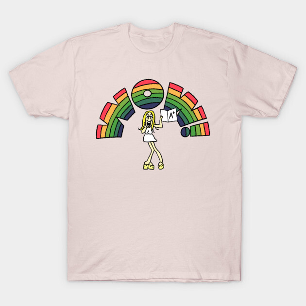Pastel pink t-shirt featuring colorful retro graphic design, ideal for casual wear, made from soft cotton fabric.