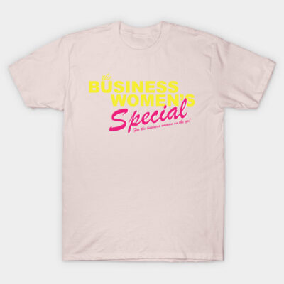 Pale pink cotton t-shirt with yellow and pink "Business Women's Special" text, casual wear for women.