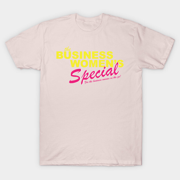 Pale pink cotton t-shirt with yellow and pink "Business Women's Special" text, casual wear for women.