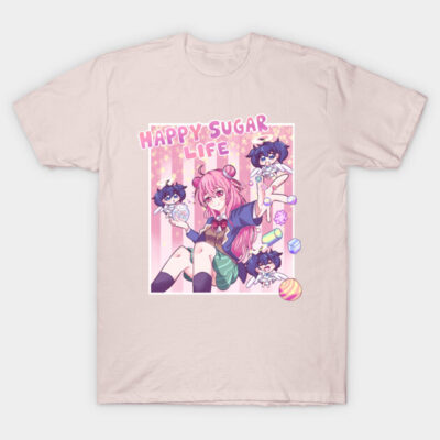 Pink anime graphic T-shirt featuring colorful "Happy Sugar Life" design, casual style, soft cotton material.