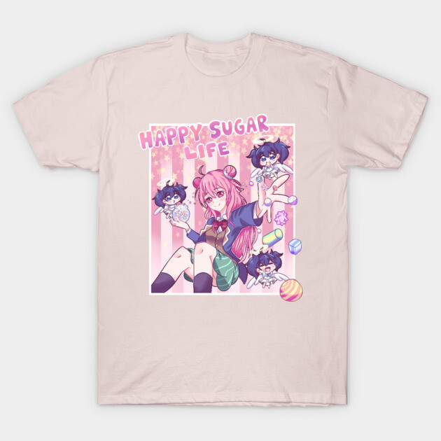 Pink anime graphic T-shirt featuring colorful "Happy Sugar Life" design, casual style, soft cotton material.