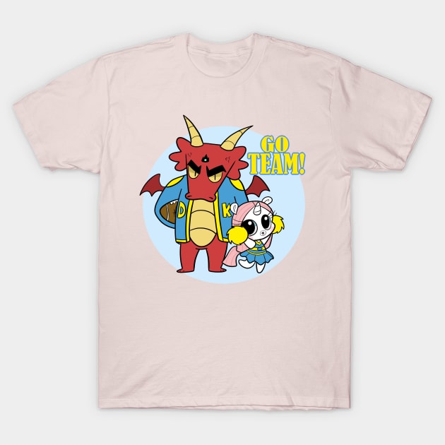 Pale pink T-shirt featuring cartoon dragon and animal characters with "Go Team!" text, casual wear, cotton material.