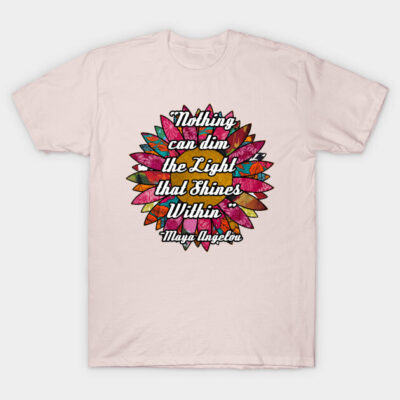 Pale pink t-shirt with colorful mandala design and inspirational quote, casual wear, cotton material.