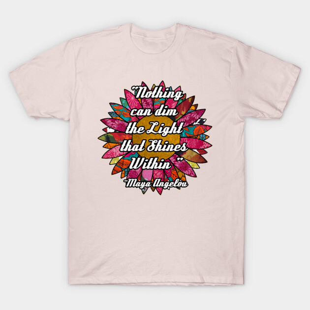 Pale pink t-shirt with colorful mandala design and inspirational quote, casual wear, cotton material.