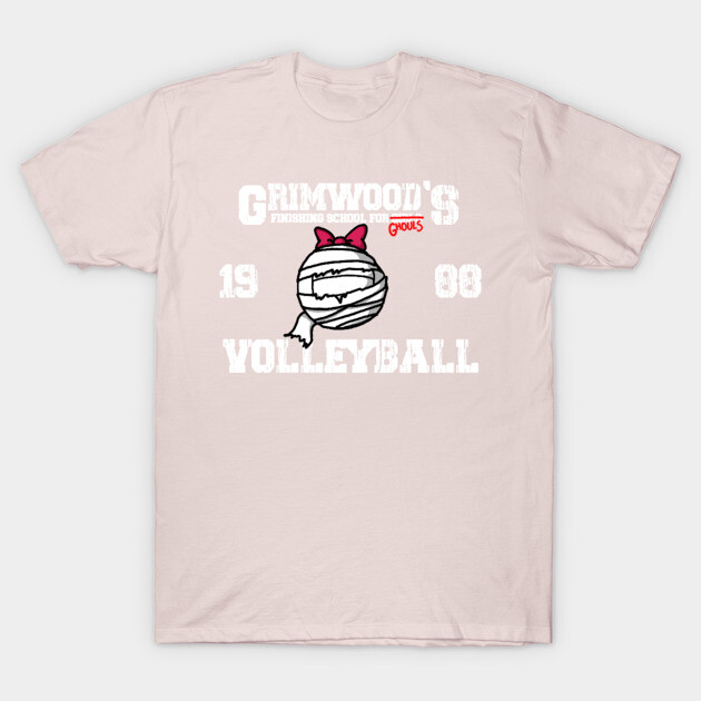 Pale pink t-shirt with vintage volleyball graphic, featuring "Grimwood's 1998" text, casual cotton style.