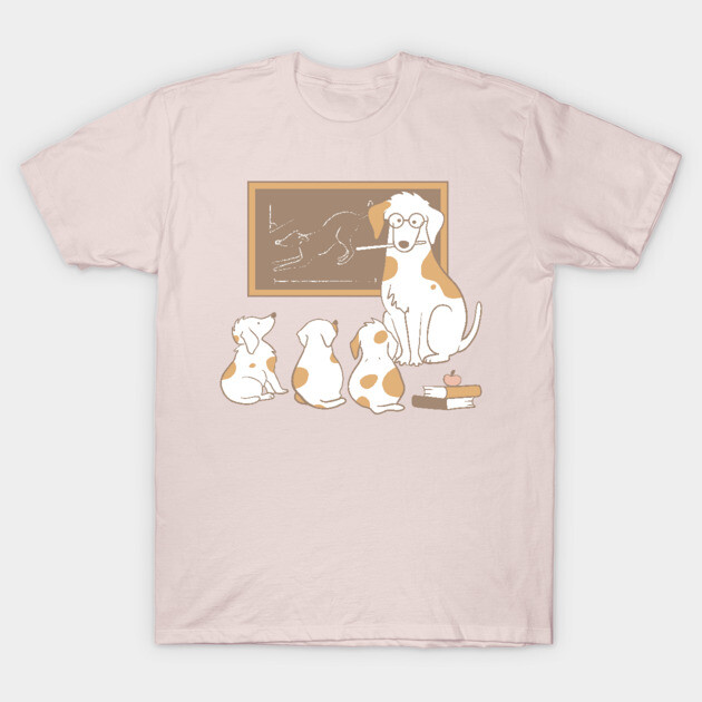Light pink t-shirt featuring a dog classroom design, casual style, perfect for dog lovers. Cotton material, unisex fit.