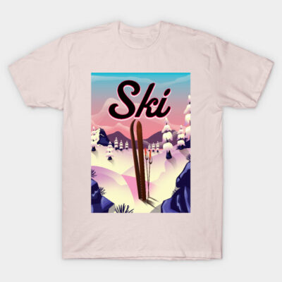 Beige cotton T-shirt with colorful ski landscape graphic, ideal for winter sports enthusiasts, casual style.