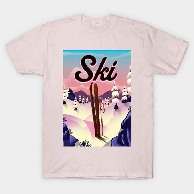 Beige cotton T-shirt with colorful ski landscape graphic, ideal for winter sports enthusiasts, casual style.