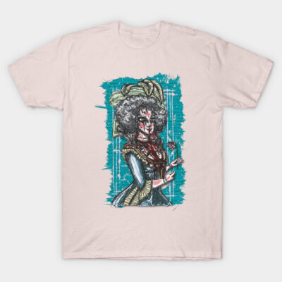 Beige t-shirt with artistic illustration of a historical figure in vibrant colors, perfect for casual wear.