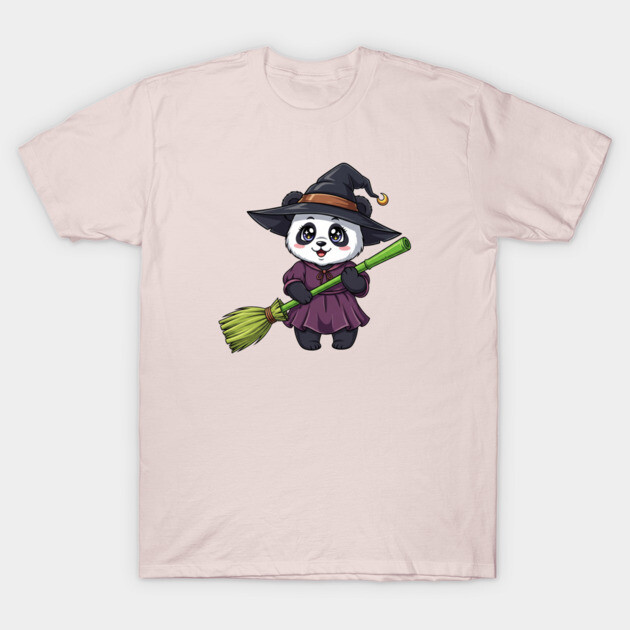 Pale pink t-shirt with cute panda witch design, holding broomstick, perfect for Halloween or casual wear.