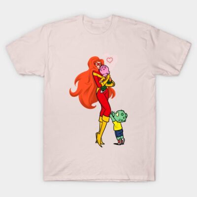 White T-shirt featuring a superhero and child cartoon graphic, ideal for casual wear, 100% cotton.