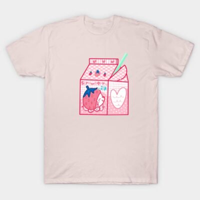 Pale pink t-shirt with cute strawberry milk carton graphic, casual style, soft cotton material, perfect for everyday wear.