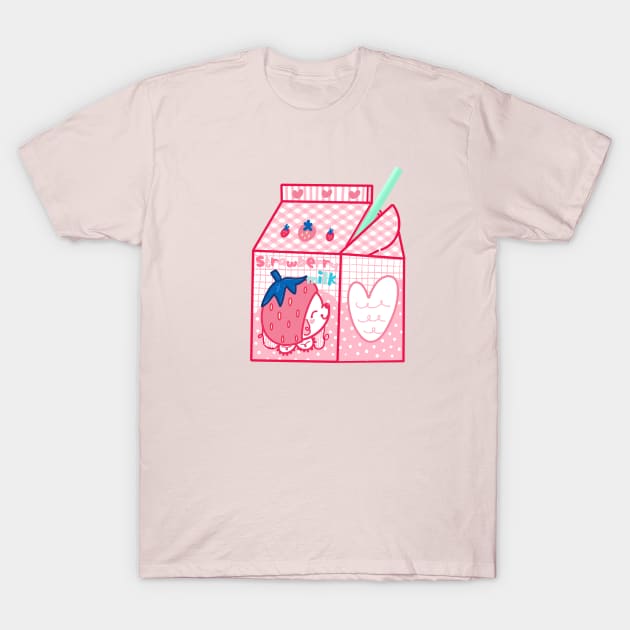 Pale pink t-shirt with cute strawberry milk carton graphic, casual style, soft cotton material, perfect for everyday wear.