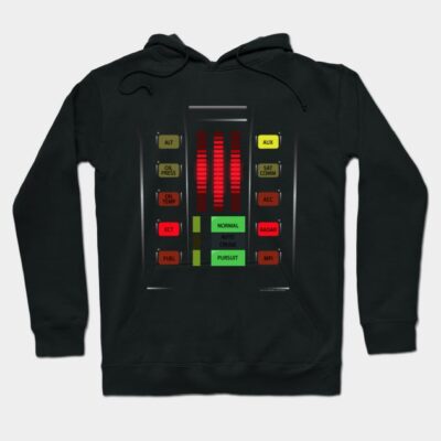 Black hoodie with retro dashboard design, featuring colorful buttons and lights. Perfect for casual wear and sci-fi fans.