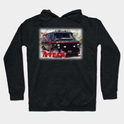 Black hoodie with vintage van graphic, red text design, comfortable cotton blend, casual wear.