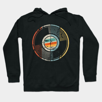 Black hoodie with vintage vinyl record graphic, retro style, casual wear, cotton blend material.
